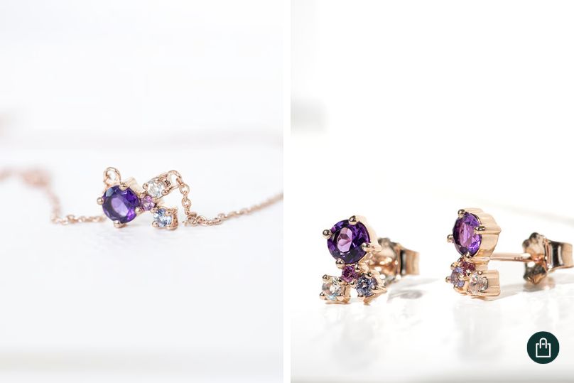 Set aus Ring, Halskette und Ohrringen mit Amethyst, Mondstein, Rhodolith-Granat und Tansanit