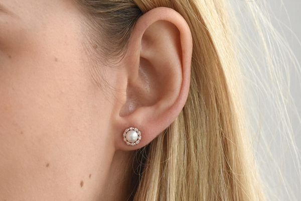 Halo-Ohrringe mit Diamanten und Perlen