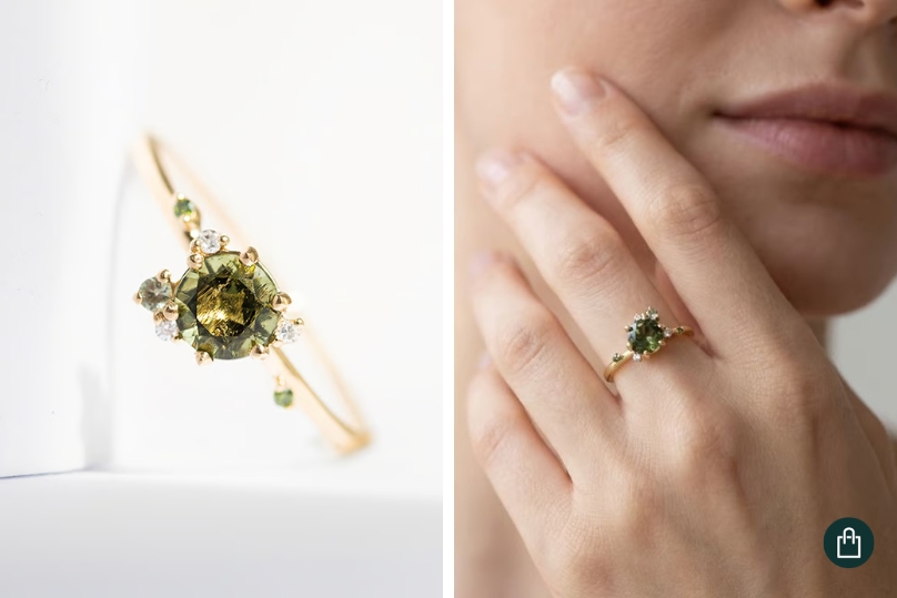 Cluster Divorce Ring mit Moldavit, Saphir und Diamanten