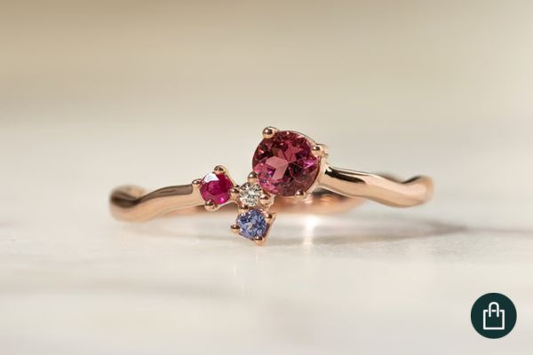 Rosa Turmalin in einem Goldring mit weiteren farbigen Edelsteinen