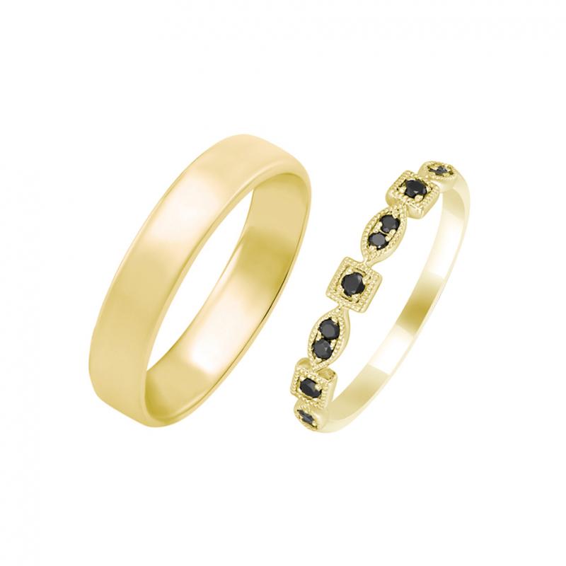 Schwarze Diamanten in Eternity Trauring und Gelbgold Ring 30780