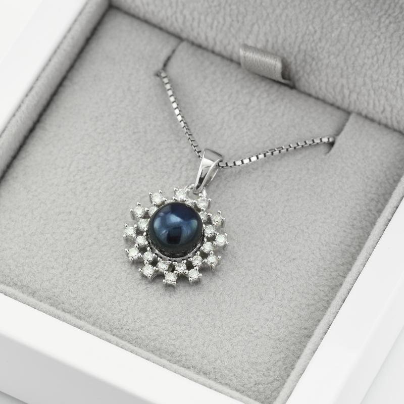 Romantische Silberkette mit schwarzer Perle und Zirkonia Ninetta