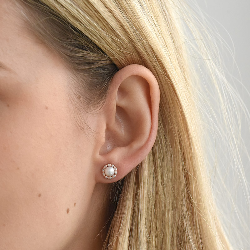 Goldene Halo-Ohrringe mit Perlen und Diamanten Desten 89791
