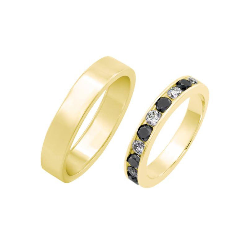 Gelbgold Diamantring mit schwarzen und weißen Diamanten und flacher Ring 36462