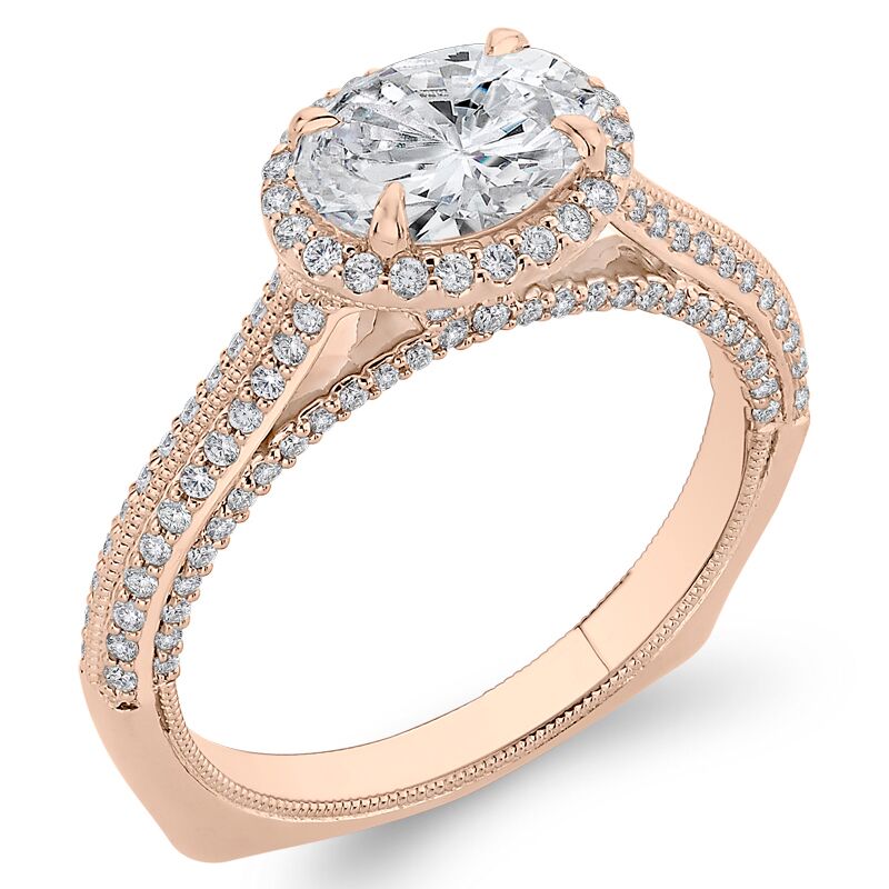 Rosegold Verlboungsring im Halo-Stil mit Diamanten im Ovalschliff 46442