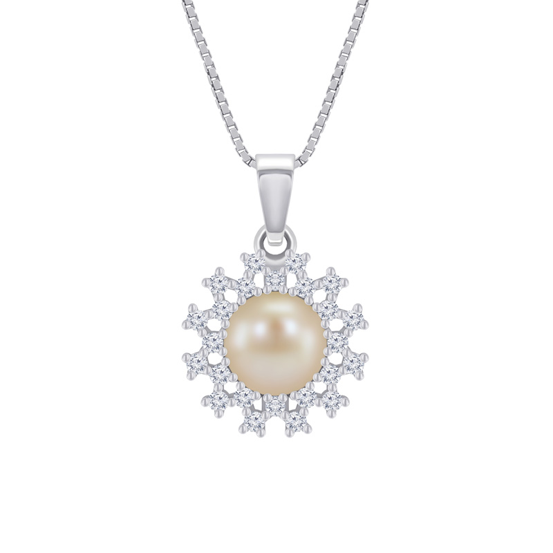 Silberne Halskette mit pfirsichfarbener Perle und Zirkonia Benen