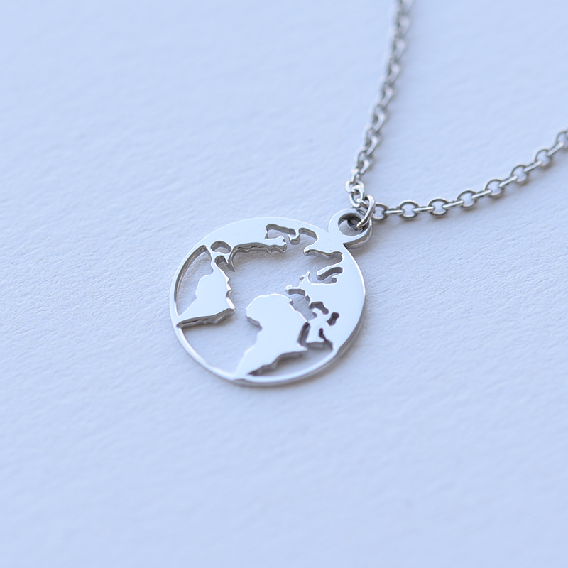 Minimalistische Silber-Halskette mit Weltkarte World 61632