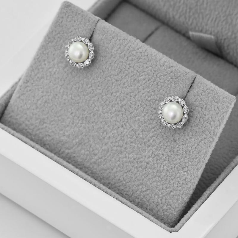 Silberne Halo-Ohrringe mit Diamanten und Perlen Arabella 70022