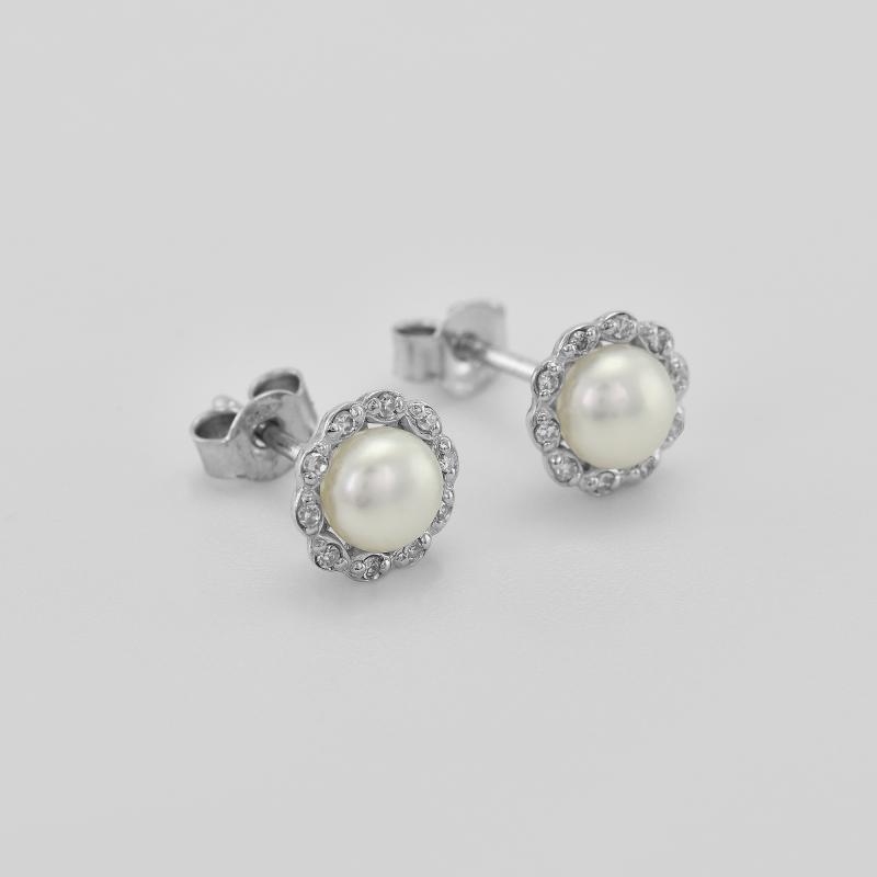Silberne Halo-Ohrringe mit Diamanten und Perlen Arabella 70023