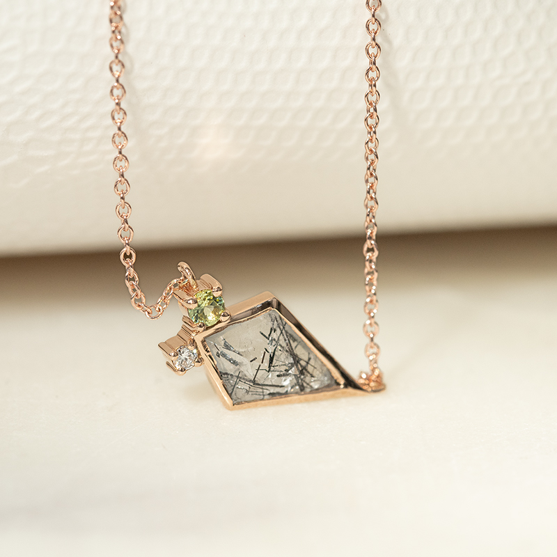 Halskette mit Rutilkristall, Olivin und Diamant Milly 135474