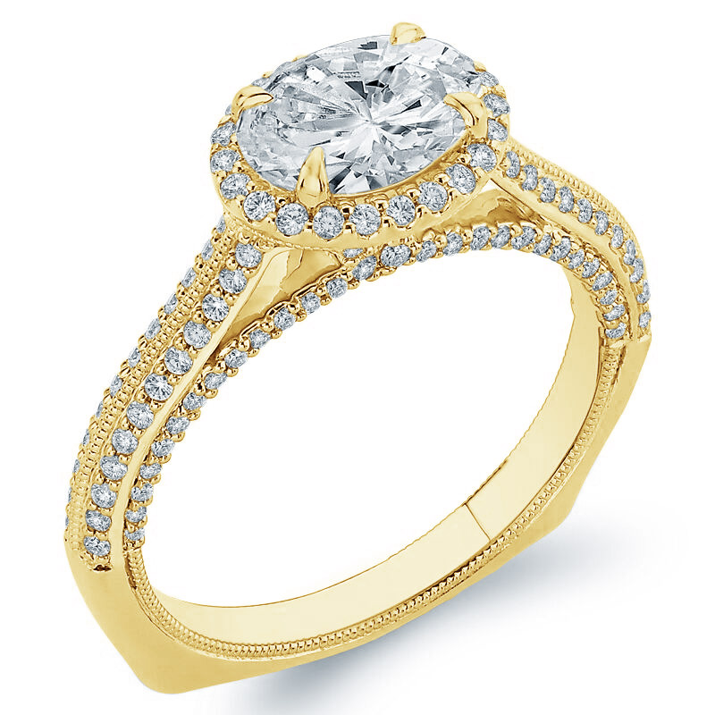 Gelbgold Verlboungsring im Halo-Stil mit Diamanten im Ovalschliff 75034