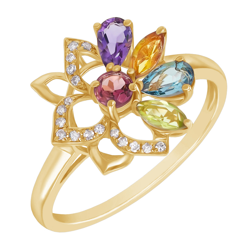 Gelbgold Ring mit Edelsteinen und Diamanten 45845