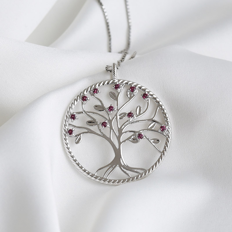 Silberne Rhodolith-Halskette in Form des Baum des Lebens Decla 79125