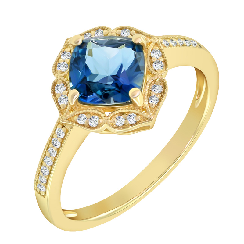Goldener Vintagering mit blauem Topas und Diamanten Antonella