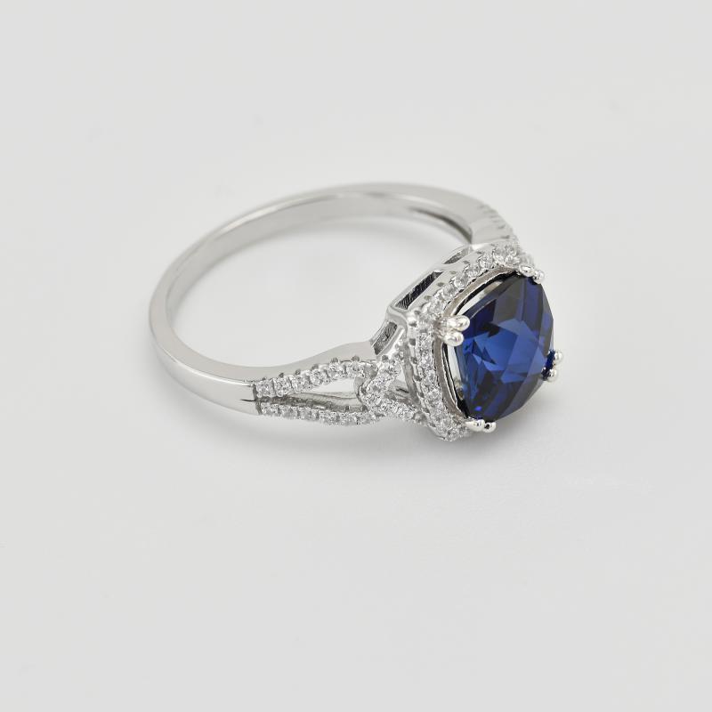 Silberring mit blauem Kissenschliff Saphir und Zirkonia 21156