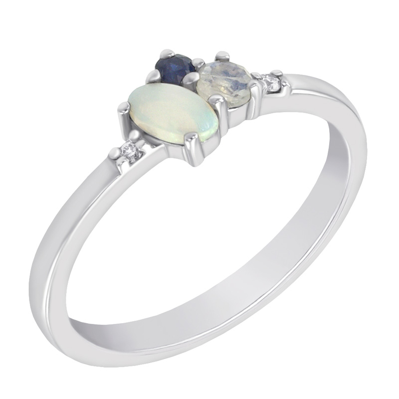 Cluster-Ring mit Opal, Saphir, Mondstein und Diamanten Elsa