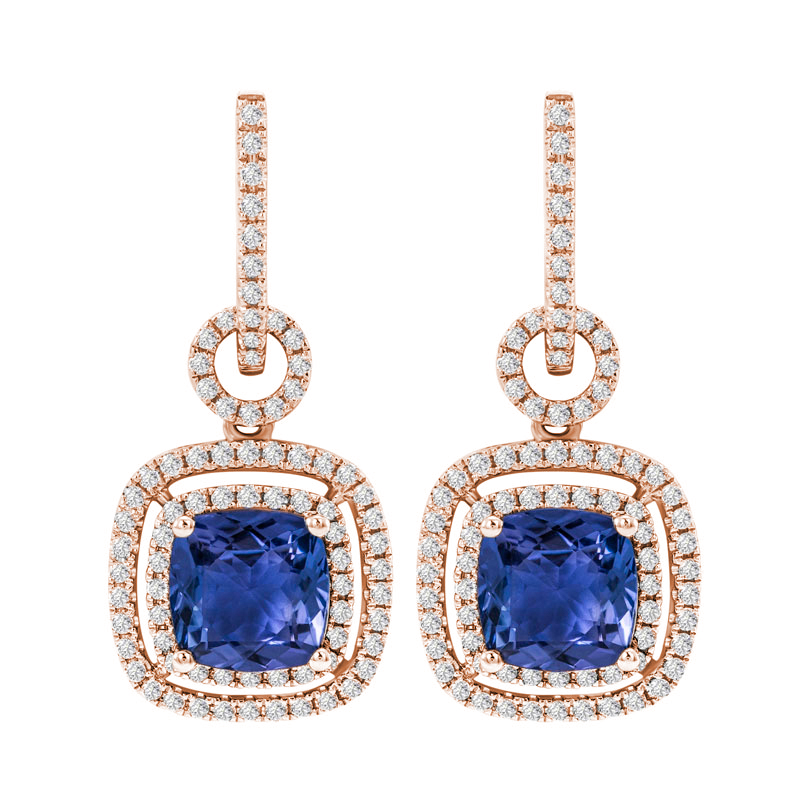 Goldene hängende Ohrringe mit Tansaniten und Diamanten Balliaas 9796