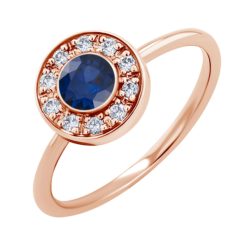 Verlobungsring mit Diamanten im Halo-Stil mit blauen Saphir Fernanda