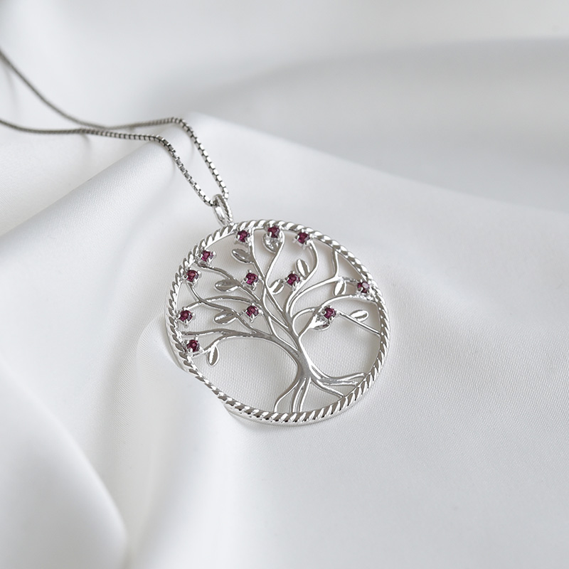 Silberne Rhodolith-Halskette in Form des Baum des Lebens Decla 79127