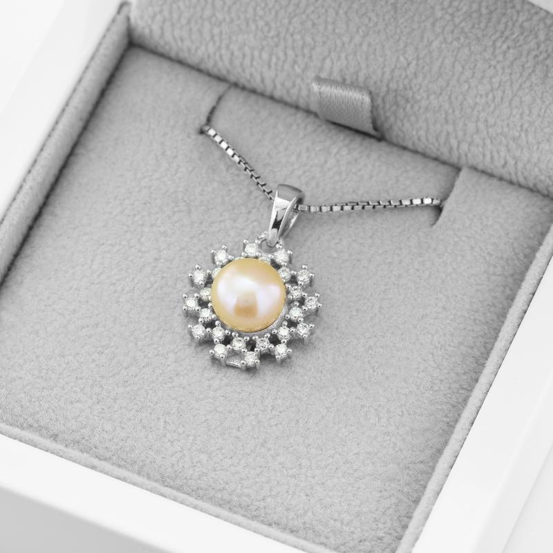Silberne Halskette mit pfirsichfarbener Perle und Zirkonia Benen 49028