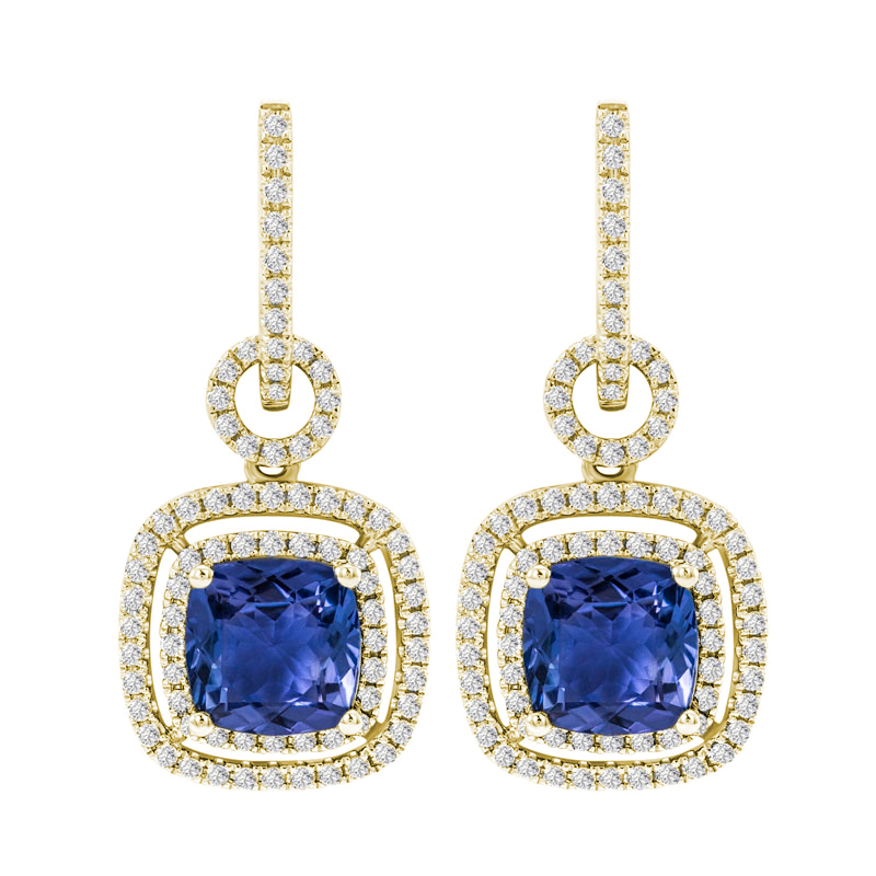 Goldene hängende Ohrringe mit Tansaniten und Diamanten Balliaas 9798