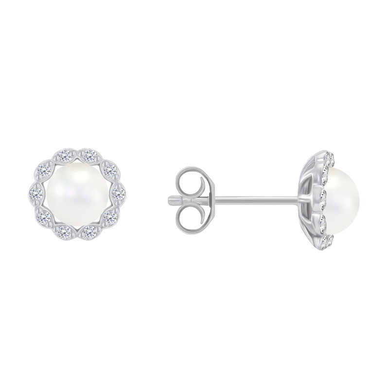 Silberne Halo-Ohrringe mit Diamanten und Perlen Arabella 70019