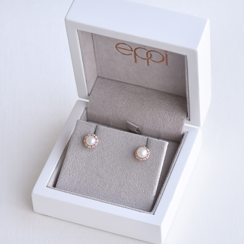 Goldene Halo-Ohrringe mit Perlen und Diamanten Desten 89789